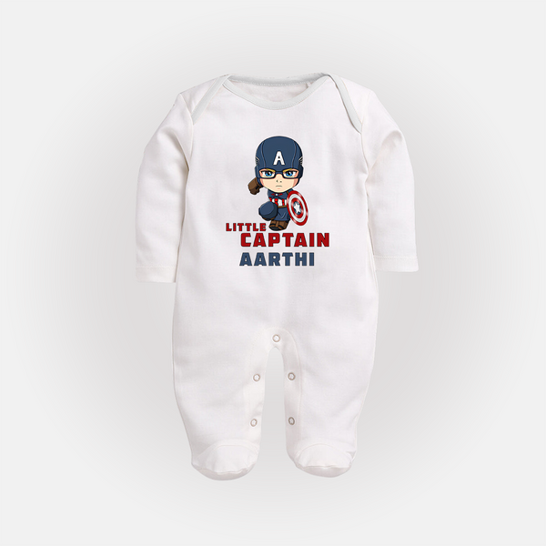 Little Captain America Sleep Suit / Full Sleeve Bodysuit | Personalized Baby Sleep Suit / Full Sleeve Bodysuit for Little Heroes - WHITE - New Born (Chest 7.5")