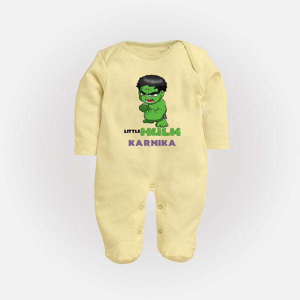 Little Hulk Hero Sleep Suit / Full Sleeve Bodysuit | Custom Sleep Suit / Full Sleeve Bodysuit for Baby Hulk Fans - PASTEL YELLOW - New Born (Chest 7.5")