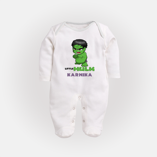 Little Hulk Hero Sleep Suit / Full Sleeve Bodysuit | Custom Sleep Suit / Full Sleeve Bodysuit for Baby Hulk Fans - WHITE - New Born (Chest 7.5")