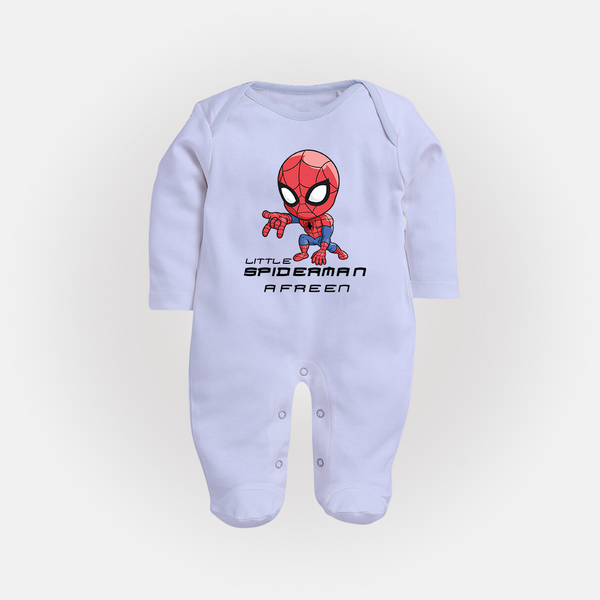 Little Spider-Man Sleep Suit / Full Sleeve Bodysuit | Personalized Baby Sleep Suit / Full Sleeve Bodysuit for Little Web-Slingers - BABY BLUE - New Born (Chest 7.5")