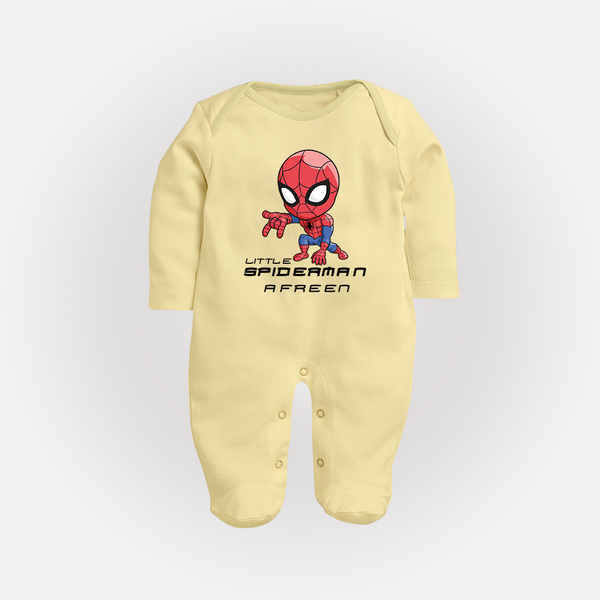 Little Spider-Man Sleep Suit / Full Sleeve Bodysuit | Personalized Baby Sleep Suit / Full Sleeve Bodysuit for Little Web-Slingers - PASTEL YELLOW - New Born (Chest 7.5")
