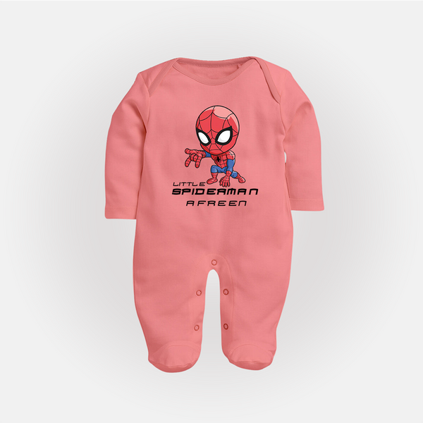Little Spider-Man Sleep Suit / Full Sleeve Bodysuit | Personalized Baby Sleep Suit / Full Sleeve Bodysuit for Little Web-Slingers - PEACH - New Born (Chest 7.5")