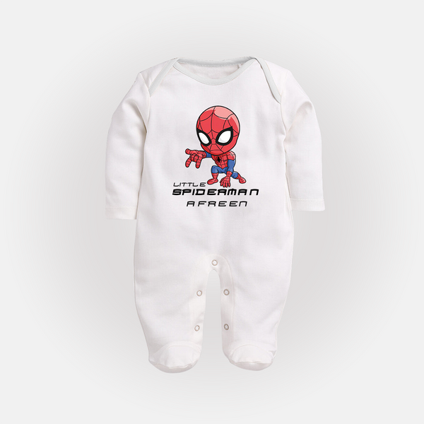 Little Spider-Man Sleep Suit / Full Sleeve Bodysuit | Personalized Baby Sleep Suit / Full Sleeve Bodysuit for Little Web-Slingers - WHITE - New Born (Chest 7.5")