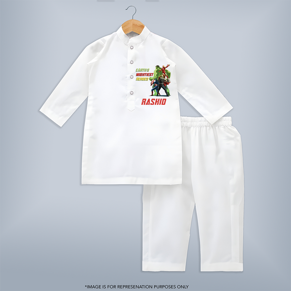 Little Avengers Team Kurta Set | Custom Kurta Set for Baby Superheroes - WHITE - 3 - 6 Months Old (Chest 24", Kurta Length 14'', Waist 19", Pant Length 14")