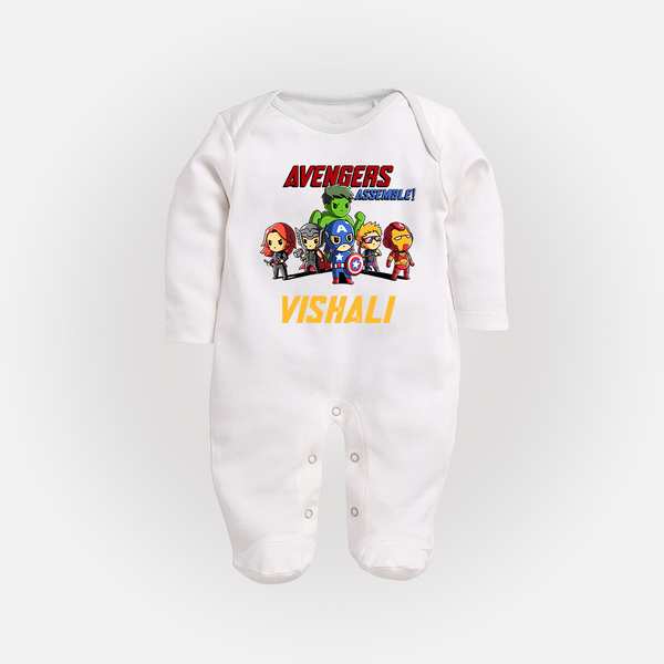 Little Avengers Assemble Sleep Suit / Full Sleeve Bodysuit | Personalized Baby Sleep Suit / Full Sleeve Bodysuit for Future Heroes - WHITE - New Born (Chest 7.5")
