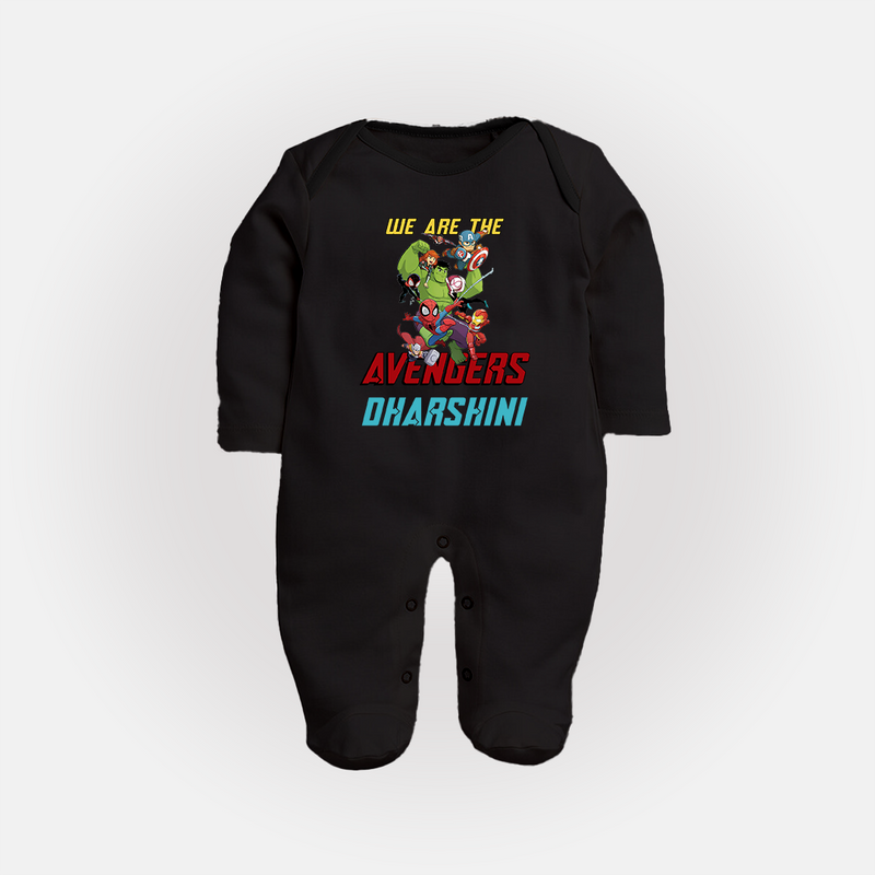 Little Avengers Leader Sleep Suit / Full Sleeve Bodysuit | Custom Baby Sleep Suit / Full Sleeve Bodysuit for Little Heroes - BLACK - New Born (Chest 7.5")