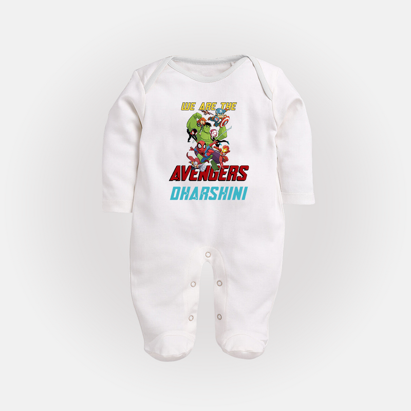 Little Avengers Leader Sleep Suit / Full Sleeve Bodysuit | Custom Baby Sleep Suit / Full Sleeve Bodysuit for Little Heroes - WHITE - New Born (Chest 7.5")