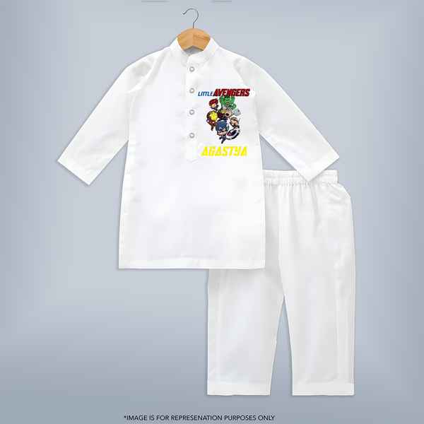 Little Avengers Team Kurta Set | Custom Name Kurta Set for Aspiring Avengers - WHITE - 3 - 6 Months Old (Chest 24", Kurta Length 14'', Waist 19", Pant Length 14")