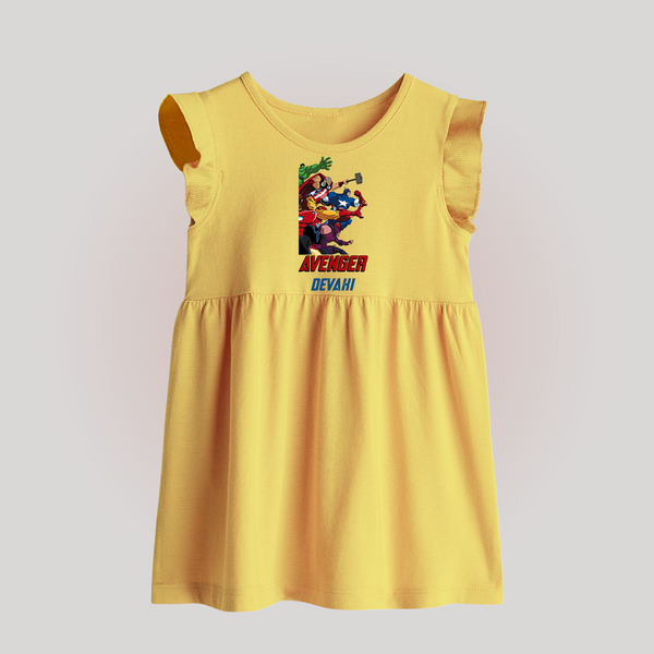 Avengers Team Baby Frock | Custom Name Baby Frock for Aspiring Avengers - PASTEL YELLOW - 0 - 3 Months Old (Chest 17")