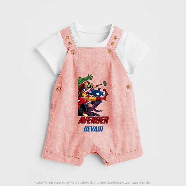 Avengers Team Dungaree Set | Custom Name Dungaree Set for Aspiring Avengers - PEACH - 0 - 5 Months Old (Chest 18")