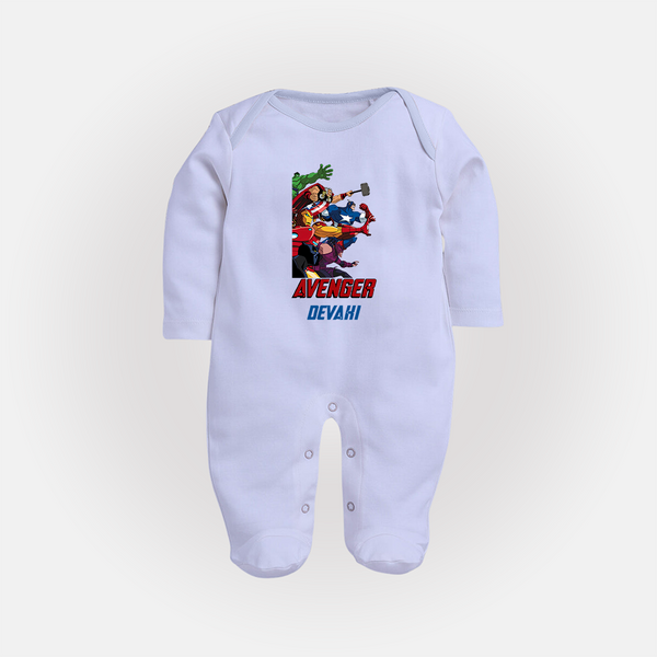 Avengers Team Sleep Suit / Full Sleeve Bodysuit | Custom Name Sleep Suit / Full Sleeve Bodysuit for Aspiring Avengers - BABY BLUE - New Born (Chest 7.5")