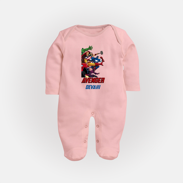Avengers Team Sleep Suit / Full Sleeve Bodysuit | Custom Name Sleep Suit / Full Sleeve Bodysuit for Aspiring Avengers - BABY PINK - New Born (Chest 7.5")