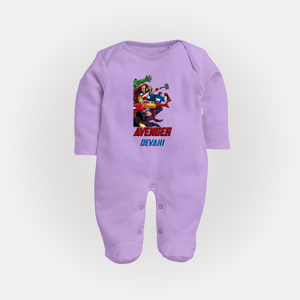 Avengers Team Sleep Suit / Full Sleeve Bodysuit | Custom Name Sleep Suit / Full Sleeve Bodysuit for Aspiring Avengers - LILAC - New Born (Chest 7.5")