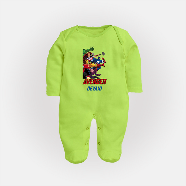 Avengers Team Sleep Suit / Full Sleeve Bodysuit | Custom Name Sleep Suit / Full Sleeve Bodysuit for Aspiring Avengers - LIME GREEN - New Born (Chest 7.5")