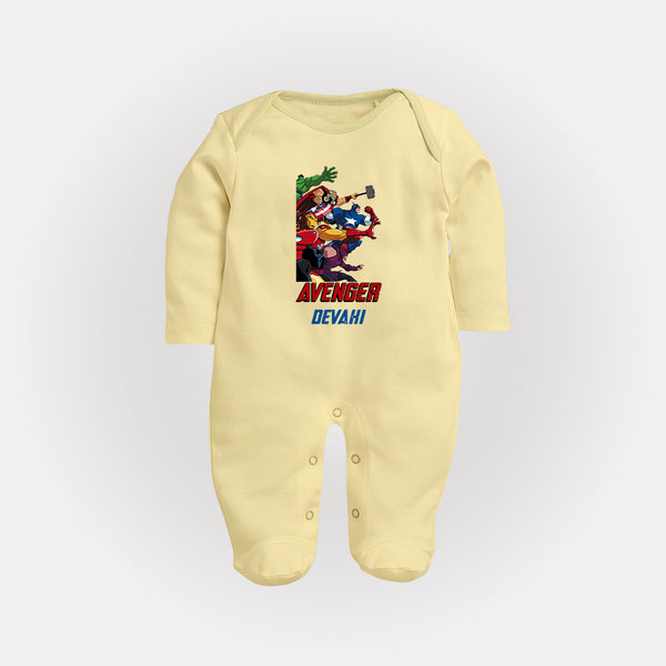 Avengers Team Sleep Suit / Full Sleeve Bodysuit | Custom Name Sleep Suit / Full Sleeve Bodysuit for Aspiring Avengers - PASTEL YELLOW - New Born (Chest 7.5")