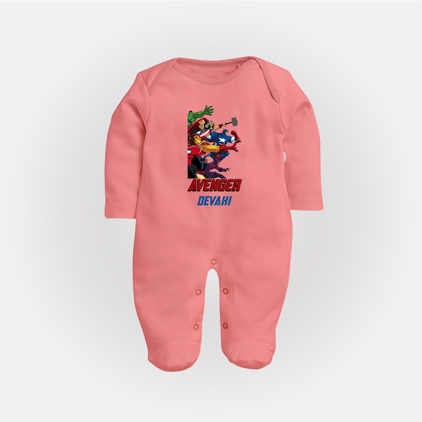 Avengers Team Sleep Suit / Full Sleeve Bodysuit | Custom Name Sleep Suit / Full Sleeve Bodysuit for Aspiring Avengers - PEACH - New Born (Chest 7.5")