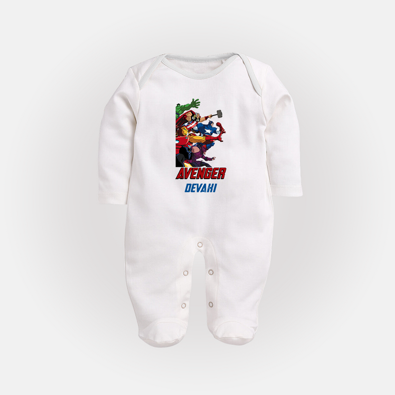 Avengers Team Sleep Suit / Full Sleeve Bodysuit | Custom Name Sleep Suit / Full Sleeve Bodysuit for Aspiring Avengers - WHITE - New Born (Chest 7.5")
