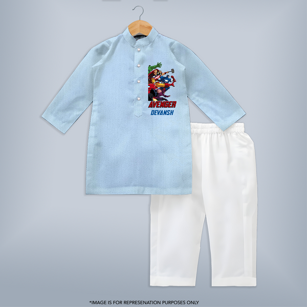 Avengers Team Kurta Set | Custom Name Kurta Set for Aspiring Avengers - BABY BLUE - 3 - 6 Months Old (Chest 24", Kurta Length 14'', Waist 19", Pant Length 14")