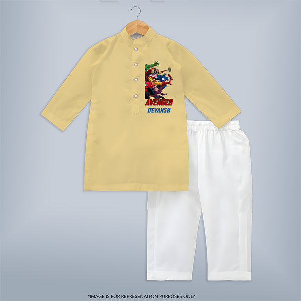 Avengers Team Kurta Set | Custom Name Kurta Set for Aspiring Avengers - PASTEL YELLOW - 3 - 6 Months Old (Chest 24", Kurta Length 14'', Waist 19", Pant Length 14")
