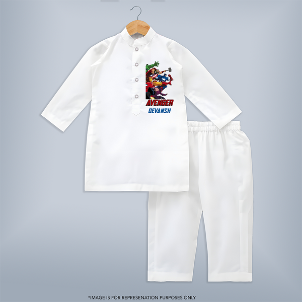 Avengers Team Kurta Set | Custom Name Kurta Set for Aspiring Avengers - WHITE - 3 - 6 Months Old (Chest 24", Kurta Length 14'', Waist 19", Pant Length 14")