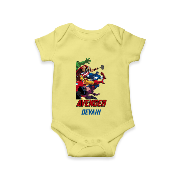 Avengers Team Romper | Custom Name Romper for Aspiring Avengers - PASTEL YELLOW - New Born (Chest 14")