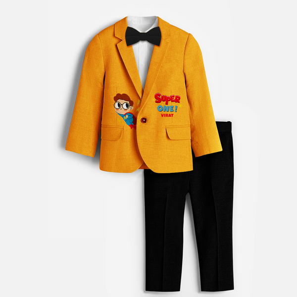 First Year Super Boy Themed Customized Knitted Blazer With Name For Kids - CHROME YELLOW - 1 Year Old (Blazer - Chest 23"/Pant Length 17"/Pant Waist 21")