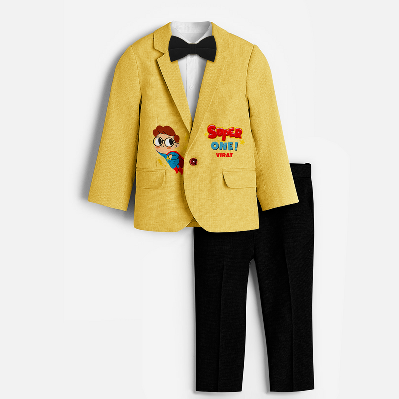 First Year Super Boy Themed Customized Knitted Blazer With Name For Kids - PASTEL YELLOW - 1 Year Old (Blazer - Chest 23"/Pant Length 17"/Pant Waist 21")