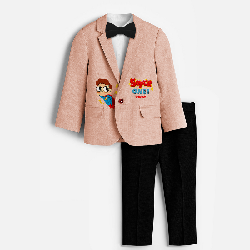 First Year Super Boy Themed Customized Knitted Blazer With Name For Kids - PEACH - 1 Year Old (Blazer - Chest 23"/Pant Length 17"/Pant Waist 21")