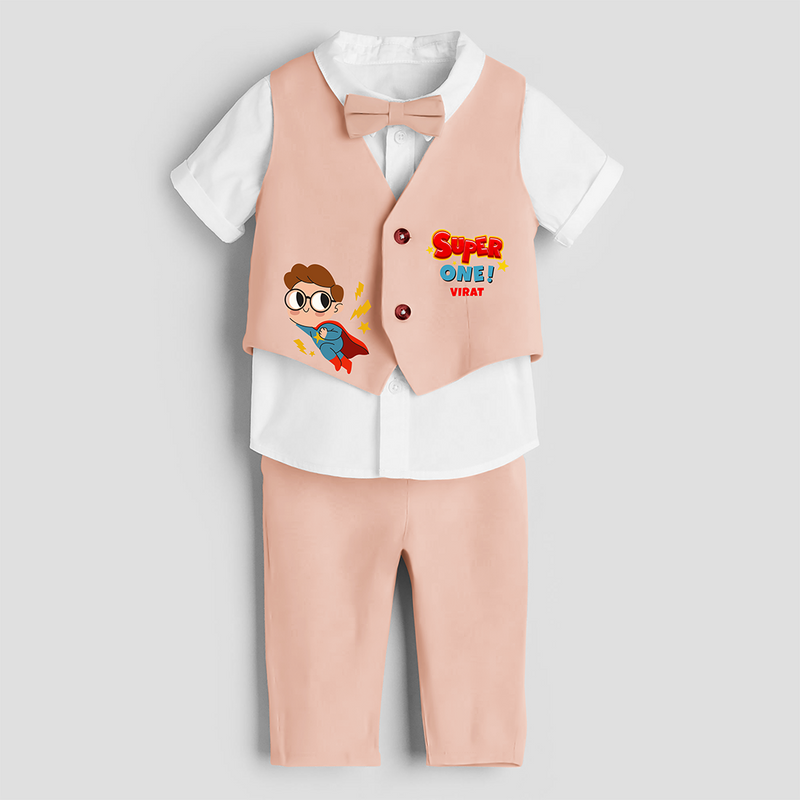 First Year Super Boy Themed Customized Waist Coat With Name For Kids - PEACH - 1 Year Old (Waist Coat - Chest 22"/Pant Length 17"/Pant Waist 21")