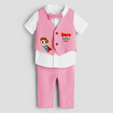 First Year Super Boy Themed Customized Waist Coat With Name For Kids - PINK - 1 Year Old (Waist Coat - Chest 22"/Pant Length 17"/Pant Waist 21")