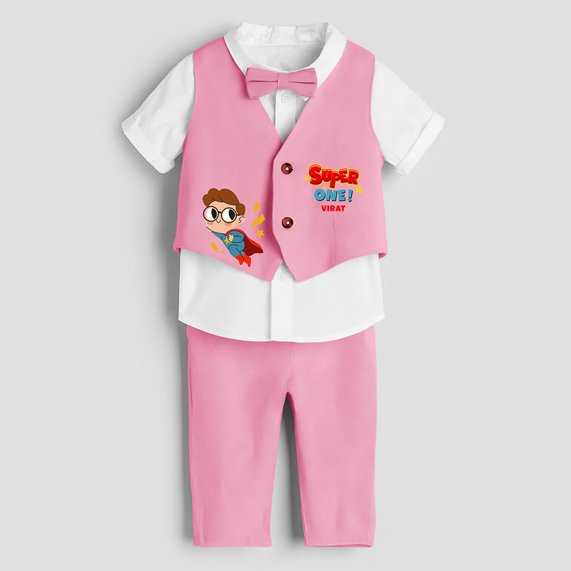 First Year Super Boy Themed Customized Waist Coat With Name For Kids - PINK - 1 Year Old (Waist Coat - Chest 22"/Pant Length 17"/Pant Waist 21")