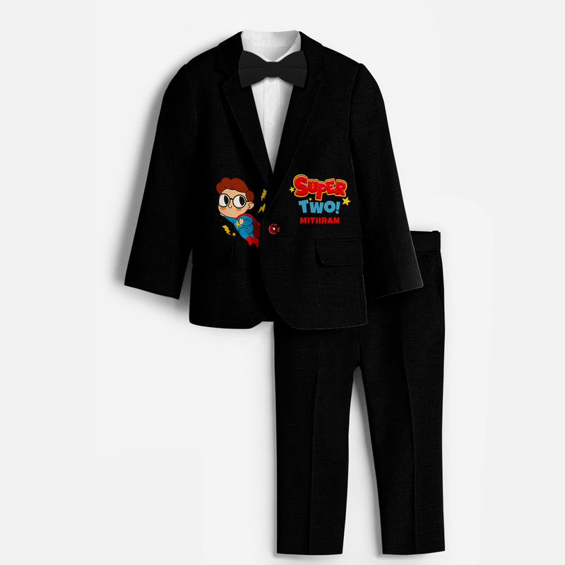 Second Year Super Boy Themed Customized Knitted Blazer With Name For Kids - BLACK - 1 Year Old (Blazer - Chest 23"/Pant Length 17"/Pant Waist 21")