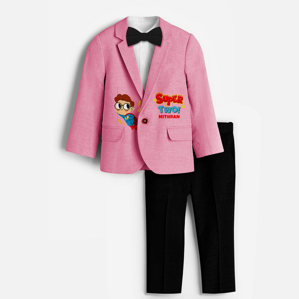 Second Year Super Boy Themed Customized Knitted Blazer With Name For Kids - PINK - 1 Year Old (Blazer - Chest 23"/Pant Length 17"/Pant Waist 21")