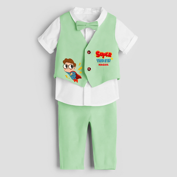 Third Year Super Boy Themed Customized Waist Coat With Name For Kids - MINT GREEN - 1 Year Old (Waist Coat - Chest 22"/Pant Length 17"/Pant Waist 21")