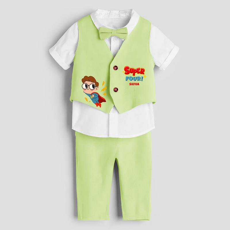 Fourth Year Super Boy Themed Customized Waist Coat With Name For Kids - PASTEL GREEN - 1 Year Old (Waist Coat - Chest 22"/Pant Length 17"/Pant Waist 21")