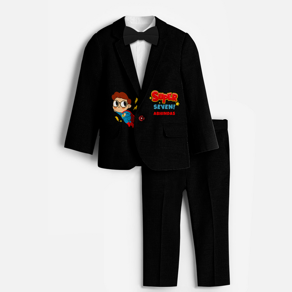 Seventh Year Super Boy Themed Customized Knitted Blazer With Name For Kids - BLACK - 1 Year Old (Blazer - Chest 23"/Pant Length 17"/Pant Waist 21")