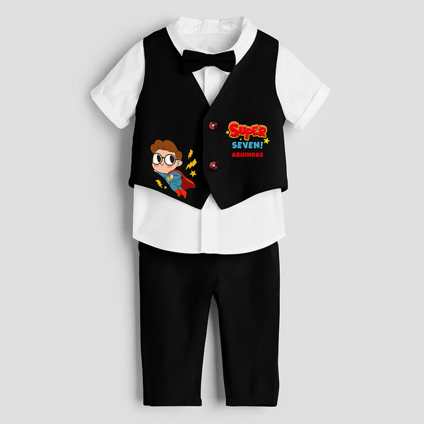 Seventh Year Super Boy Themed Customized Waist Coat With Name For Kids - BLACK - 1 Year Old (Waist Coat - Chest 22"/Pant Length 17"/Pant Waist 21")