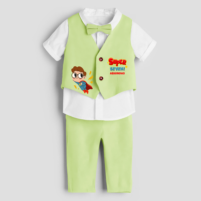 Seventh Year Super Boy Themed Customized Waist Coat With Name For Kids - PASTEL GREEN - 1 Year Old (Waist Coat - Chest 22"/Pant Length 17"/Pant Waist 21")