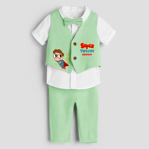 Twelfth Year Super Boy Themed Customized Waist Coat With Name For Kids