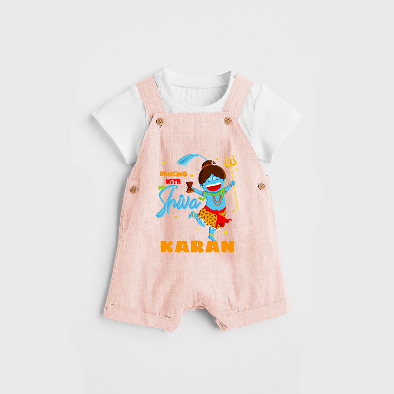 Dancing With My Shiva - Shiva Themed Dungaree For Babies - PEACH - 0 - 3 Months Old (Chest 17")