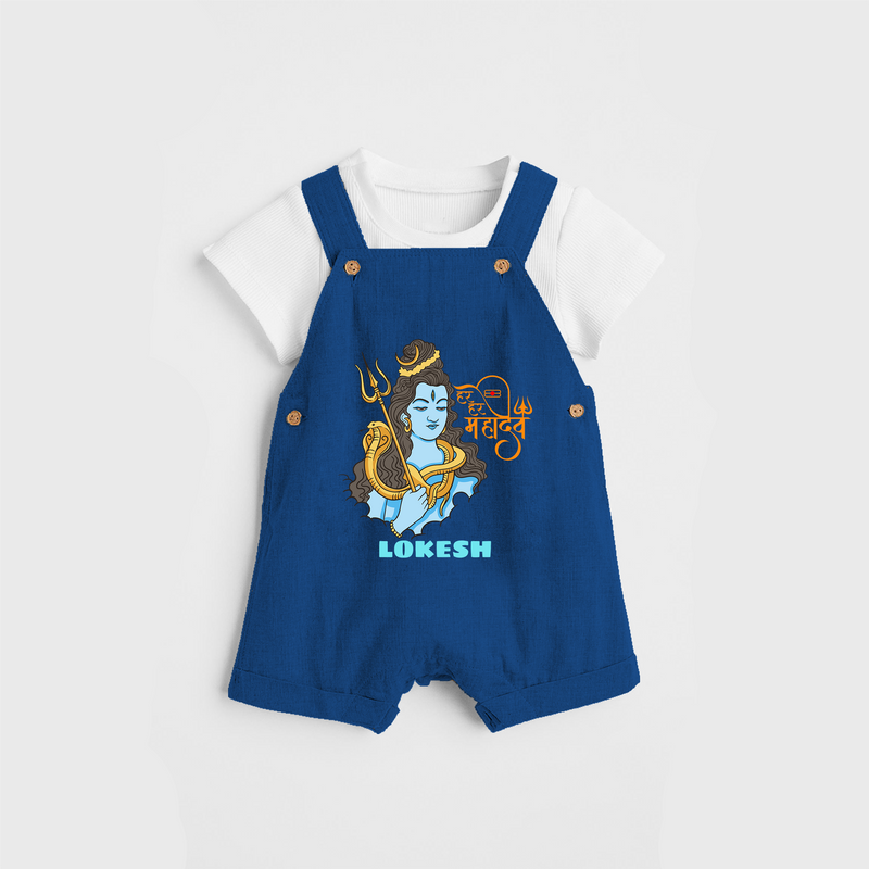 Har Har Mahadev - Shiva Themed Dungaree For Babies - COBALT BLUE - 0 - 3 Months Old (Chest 17")