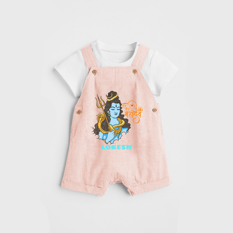 Har Har Mahadev - Shiva Themed Dungaree For Babies - PEACH - 0 - 3 Months Old (Chest 17")