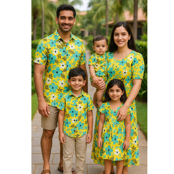 "Sunny Bloom Family Outfit Set – coordinated yellow and teal floral outfits for dad, mom, boy, girl, and baby"