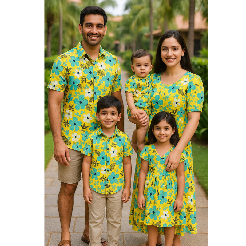 "Sunny Bloom Family Outfit Set – coordinated yellow and teal floral outfits for dad, mom, boy, girl, and baby"
