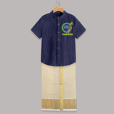 Vel Vel Murugan – Name Personalised Kids Shirt and Dhoti - DARK BLUE - 0 - 6 Months Old (Chest-23") (Dhoti length-14")