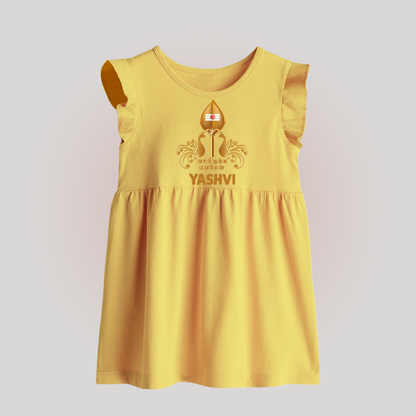 Vel Symbol Murugan – Name Customised Kids Baby Frock - PASTEL YELLOW - 0 - 3 Months Old (Chest 17")