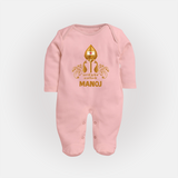 Vel Symbol Murugan – Name Customised Kids Fullbody Suit - BABY PINK - New Born (Chest 7.5")