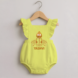 Vel Symbol Murugan – Name Customised Kids Romper Frock - PASTEL YELLOW - 0 - 3 Months Old (Chest 19")