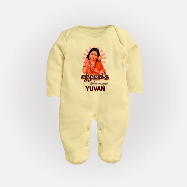Kandhanukku Arohara – Murugan Blessings Personalised Kids Fullbody Suit - PASTEL YELLOW - New Born (Chest 7.5")