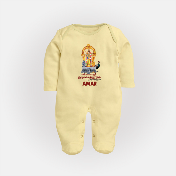 Thiruchendur Murugan Blessings – Name Personalised Kids Fullbody Suit - PASTEL YELLOW - New Born (Chest 7.5")